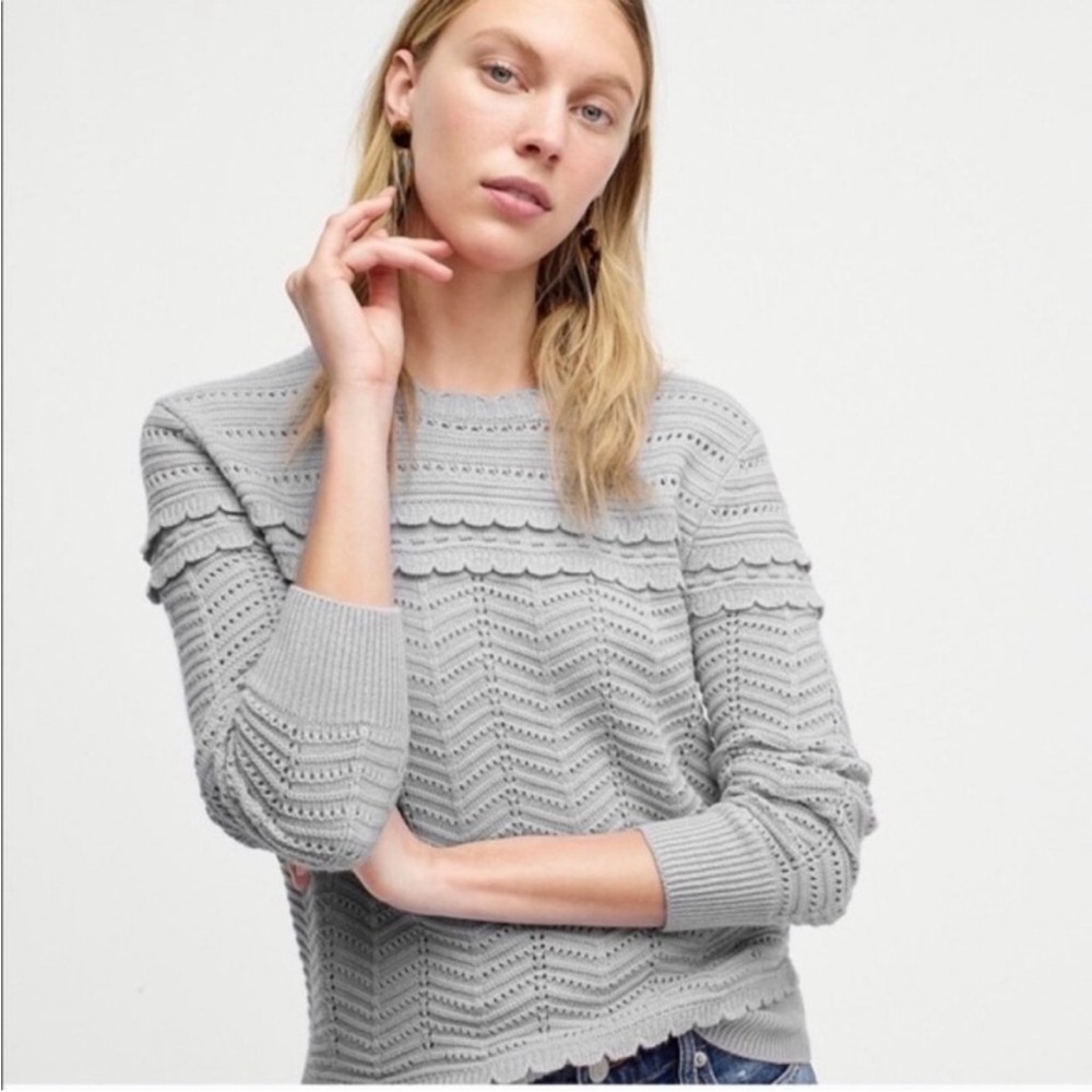 J. Crew Crewneck Scalloped Pointelle Grey Knit Pullover Sweater size XXL